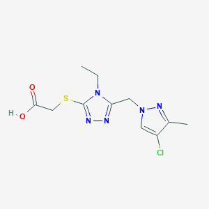 molecular formula C11H14ClN5O2S B2681442 2-((5-((4-氯-3-甲基-1H-吡唑-1-基)甲基)-4-乙基-4H-1,2,4-噁唑-3-基)硫)乙酸 CAS No. 1006471-35-7