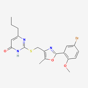 molecular formula C19H20BrN3O3S B2681492 2-(((2-(5-Bromo-2-methoxyphenyl)-5-methyloxazol-4-yl)methyl)thio)-6-propylpyrimidin-4-ol CAS No. 1040636-66-5