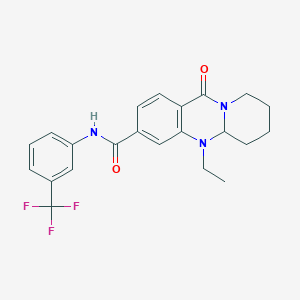 molecular formula C22H22F3N3O2 B2681530 5-乙基-11-酮-N-[3-(三氟甲基)苯基]-5,6,7,8,9,11-六氢-5aH-吡啶并[2,1-b]喹唑啉-3-羧酰胺 CAS No. 1574594-79-8