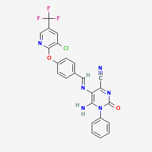 molecular formula C24H14ClF3N6O2 B2681572 6-Amino-5-[[4-[3-chloro-5-(trifluoromethyl)pyridin-2-yl]oxyphenyl]methylideneamino]-2-oxo-1-phenylpyrimidine-4-carbonitrile CAS No. 1159976-59-6