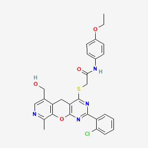 molecular formula C28H25ClN4O4S B2681590 2-((2-(2-chlorophenyl)-6-(hydroxymethyl)-9-methyl-5H-pyrido[4',3':5,6]pyrano[2,3-d]pyrimidin-4-yl)thio)-N-(4-ethoxyphenyl)acetamide CAS No. 867040-76-4