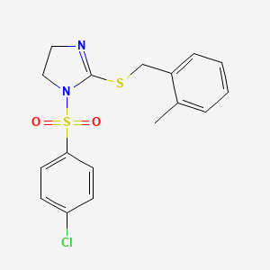 molecular formula C17H17ClN2O2S2 B2681621 1-(4-Chlorophenyl)sulfonyl-2-[(2-methylphenyl)methylsulfanyl]-4,5-dihydroimidazole CAS No. 868217-20-3