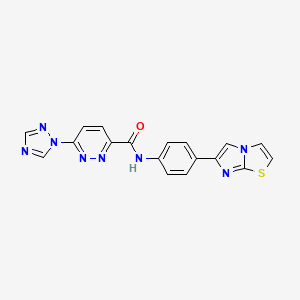 molecular formula C18H12N8OS B2681685 N-(4-(咪唑并[2,1-b]噻唑-6-基)苯基)-6-(1H-1,2,4-三唑-1-基)吡啶并[3,2-d]嘧啶-3-基甲酰胺 CAS No. 1448037-07-7