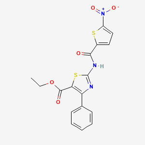 molecular formula C17H13N3O5S2 B2681738 乙酸-2-(5-硝基噻吩-2-基甲酰胺)-4-苯基噻唑-5-甲酸酯 CAS No. 307510-60-7