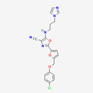 molecular formula C21H18ClN5O3 B2681749 2-{5-[(4-氯苯氧基)甲基]呋喃-2-基}-5-{[3-(1H-咪唑-1-基)丙基]氨基}-1,3-噁二唑-4-甲腈 CAS No. 931748-93-5