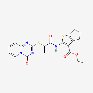 molecular formula C20H20N4O4S2 B2681760 ethyl 2-(2-((4-oxo-4H-pyrido[1,2-a][1,3,5]triazin-2-yl)thio)propanamido)-5,6-dihydro-4H-cyclopenta[b]thiophene-3-carboxylate CAS No. 896329-28-5