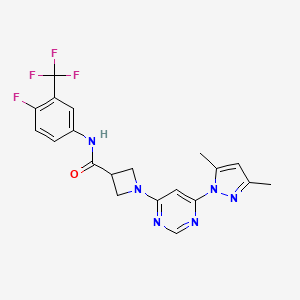 molecular formula C20H18F4N6O B2681796 1-(6-(3,5-dimethyl-1H-pyrazol-1-yl)pyrimidin-4-yl)-N-(4-fluoro-3-(trifluoromethyl)phenyl)azetidine-3-carboxamide CAS No. 2034232-23-8