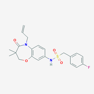 molecular formula C21H23FN2O4S B2681828 N-(5-烯丙基-3,3-二甲基-4-氧代-2,3,4,5-四氢苯并[b][1,4]噁唑-8-基)-1-(4-氟苯基)甲磺酰胺 CAS No. 921992-05-4
