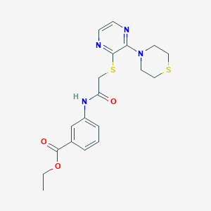 molecular formula C19H22N4O3S2 B2681835 乙基 3-(2-((3-硫代吗啉吡嗪-2-基)硫基)乙酰氨基)苯甲酸酯 CAS No. 1030109-75-1