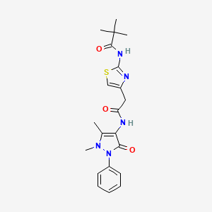 molecular formula C21H25N5O3S B2681872 N-(4-(2-((1,5-二甲基-3-氧代-2-苯基-2,3-二氢-1H-吡唑-4-基)氨基)-2-氧代乙基)噻唑-2-基)季乙酰胺 CAS No. 921844-65-7
