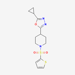 molecular formula C14H17N3O3S2 B2681885 2-Cyclopropyl-5-(1-(thiophen-2-ylsulfonyl)piperidin-4-yl)-1,3,4-oxadiazole CAS No. 1323640-75-0