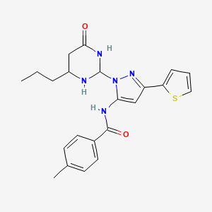molecular formula C22H21N5O2S B2681908 4-methyl-N-[2-(4-oxo-6-propyl-1,3-diazinan-2-yl)-5-thiophen-2-ylpyrazol-3-yl]benzamide CAS No. 1209962-12-8