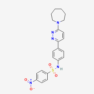 molecular formula C22H23N5O4S B2681915 N-(4-(6-(氦辛-1-基)吡啶并[3,4-d]嘧啶-3-基)苯基)-4-硝基苯磺酰胺 CAS No. 898446-41-8