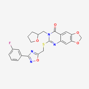 molecular formula C23H19FN4O5S B2681921 6-(((3-(3-氟苯基)-1,2,4-噁二唑-5-基)甲基)硫)-7-((环氧丁烷-2-基)甲基)-[1,3]二噁吲啉-8(7H)-酮 CAS No. 1111993-84-0