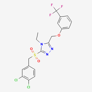 molecular formula C19H16Cl2F3N3O3S B2681940 3-[(3,4-dichlorobenzyl)sulfonyl]-4-ethyl-5-{[3-(trifluoromethyl)phenoxy]methyl}-4H-1,2,4-triazole CAS No. 923676-45-3