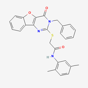 molecular formula C27H23N3O3S B2681964 2-({5-benzyl-6-oxo-8-oxa-3,5-diazatricyclo[7.4.0.0^{2,7}]trideca-1(9),2(7),3,10,12-pentaen-4-yl}sulfanyl)-N-(2,5-dimethylphenyl)acetamide CAS No. 866873-61-2