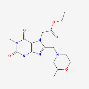 molecular formula C18H27N5O5 B2681985 2-[8-[(2,6-Dimethyl-4-morpholinyl)methyl]-1,3-dimethyl-2,6-dioxo-7-purinyl]acetic acid ethyl ester CAS No. 851940-54-0