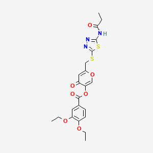 molecular formula C22H23N3O7S2 B2682166 4-氧代-6-(((5-丙酰胺基-1,3,4-噻二唑-2-基)硫)甲基)-4H-吡喃-3-基 3,4-二乙氧基苯甲酸酯 CAS No. 896018-08-9