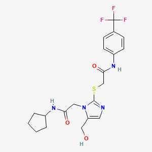 molecular formula C20H23F3N4O3S B2682170 2-{[1-[2-(cyclopentylamino)-2-oxoethyl]-5-(hydroxymethyl)-1H-imidazol-2-yl]thio}-N-[4-(trifluoromethyl)phenyl]acetamide CAS No. 923202-06-6