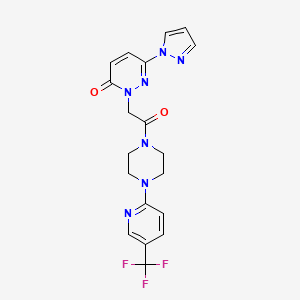 molecular formula C19H18F3N7O2 B2682174 2-(2-oxo-2-(4-(5-(trifluoromethyl)pyridin-2-yl)piperazin-1-yl)ethyl)-6-(1H-pyrazol-1-yl)pyridazin-3(2H)-one CAS No. 1334369-80-0