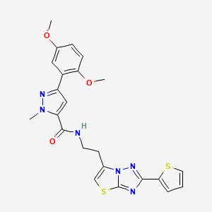molecular formula C23H22N6O3S2 B2682194 3-(2,5-dimethoxyphenyl)-1-methyl-N-(2-(2-(thiophen-2-yl)thiazolo[3,2-b][1,2,4]triazol-6-yl)ethyl)-1H-pyrazole-5-carboxamide CAS No. 1396844-50-0