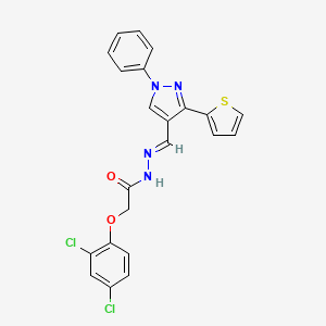 molecular formula C22H16Cl2N4O2S B2682205 (E)-2-(2,4-dichlorophenoxy)-N'-((1-phenyl-3-(thiophen-2-yl)-1H-pyrazol-4-yl)methylene)acetohydrazide CAS No. 1173322-15-0