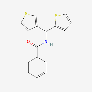 molecular formula C16H17NOS2 B2682267 N-(thiophen-2-yl(thiophen-3-yl)methyl)cyclohex-3-enecarboxamide CAS No. 2034332-83-5