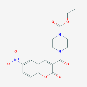 molecular formula C17H17N3O7 B2682287 Ethyl 4-[(6-nitro-2-oxochromen-3-yl)carbonyl]piperazinecarboxylate CAS No. 325779-23-5