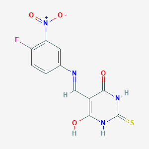 molecular formula C11H7FN4O4S B2682291 5-(((4-氟-3-硝基苯基)氨基)甲亚硫代二氢嘧啶-4,6(1H,5H)-二酮 CAS No. 1021262-76-9