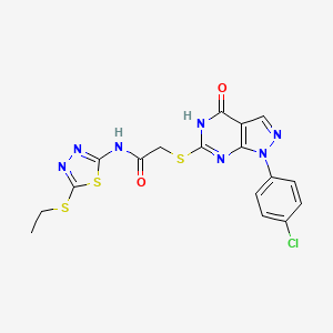 molecular formula C17H14ClN7O2S3 B2682334 2-((1-(4-氯苯基)-4-氧代-4,5-二氢-1H-吡唑并[3,4-d]嘧啶-6-基)硫)-N-(5-(硫代乙基)-1,3,4-噻二唑-2-基)乙酰胺 CAS No. 851123-14-3