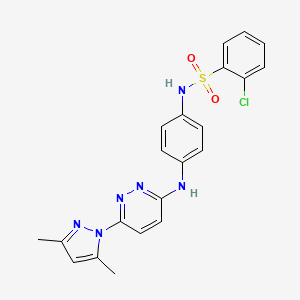 molecular formula C21H19ClN6O2S B2682387 2-氯-N-(4-((6-(3,5-二甲基-1H-吡唑-1-基)吡啶并-3-基)氨基)苯基)苯磺酰胺 CAS No. 1014025-09-2