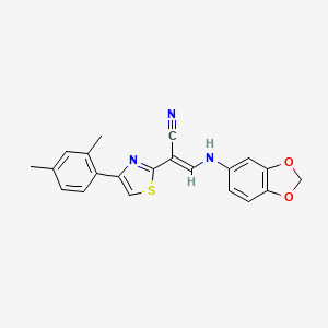 molecular formula C21H17N3O2S B2682391 (E)-3-(苯并[d][1,3]二氧杂环-5-基氨基)-2-(4-(2,4-二甲基苯基)噻唑-2-基)丙烯腈 CAS No. 378214-89-2