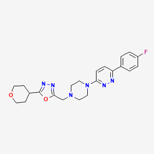 molecular formula C22H25FN6O2 B2682436 2-[[4-[6-(4-Fluorophenyl)pyridazin-3-yl]piperazin-1-yl]methyl]-5-(oxan-4-yl)-1,3,4-oxadiazole CAS No. 2380190-62-3