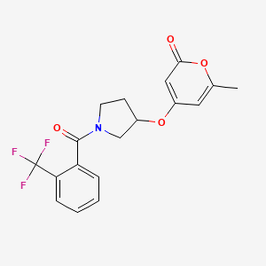 molecular formula C18H16F3NO4 B2682440 6-甲基-4-((1-(2-(三氟甲基)苯甲酰)吡咯烷-3-基)氧基)-2H-吡喃-2-酮 CAS No. 1705200-24-3