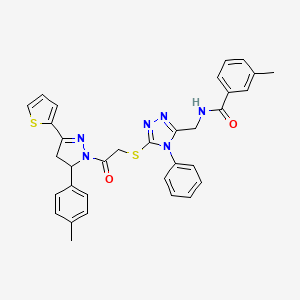 molecular formula C33H30N6O2S2 B2682482 3-methyl-N-[[5-[2-[3-(4-methylphenyl)-5-thiophen-2-yl-3,4-dihydropyrazol-2-yl]-2-oxoethyl]sulfanyl-4-phenyl-1,2,4-triazol-3-yl]methyl]benzamide CAS No. 362502-29-2
