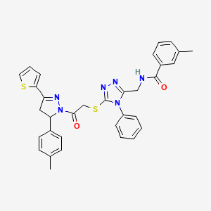 molecular formula C33H30N6O2S2 B2682482 3-methyl-N-{[5-({2-[5-(4-methylphenyl)-3-(thiophen-2-yl)-4,5-dihydro-1H-pyrazol-1-yl]-2-oxoethyl}sulfanyl)-4-phenyl-4H-1,2,4-triazol-3-yl]methyl}benzamide CAS No. 362502-29-2