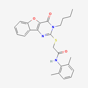 molecular formula C24H25N3O3S B2682521 2-({5-butyl-6-oxo-8-oxa-3,5-diazatricyclo[7.4.0.0^{2,7}]trideca-1(9),2(7),3,10,12-pentaen-4-yl}sulfanyl)-N-(2,6-dimethylphenyl)acetamide CAS No. 899982-11-7