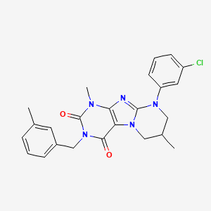 molecular formula C24H24ClN5O2 B2682535 9-(3-chlorophenyl)-1,7-dimethyl-3-(3-methylbenzyl)-6,7,8,9-tetrahydropyrimido[2,1-f]purine-2,4(1H,3H)-dione CAS No. 877617-79-3