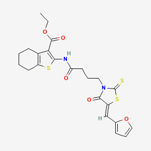 molecular formula C23H24N2O5S3 B2682547 (Z)-乙酸 2-(4-(5-(呋喃-2-基甲亚)-4-氧代-2-硫代噻唑烷-3-基)丁酰胺)-4,5,6,7-四氢苯并[1,2-b]噻吩-3-甲酯 CAS No. 682764-32-5