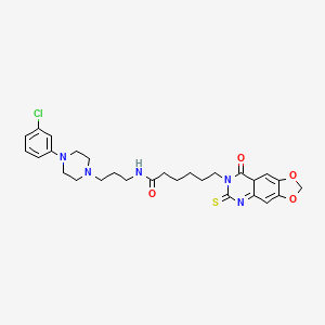 molecular formula C28H34ClN5O4S B2682564 N-{3-[4-(3-chlorophenyl)piperazin-1-yl]propyl}-6-{8-oxo-6-sulfanylidene-2H,5H,6H,7H,8H-[1,3]dioxolo[4,5-g]quinazolin-7-yl}hexanamide CAS No. 688053-57-8