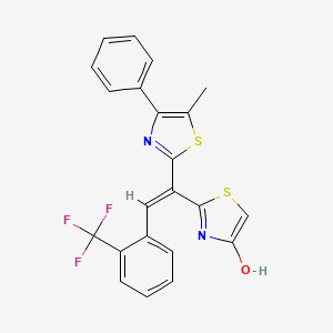molecular formula C22H15F3N2OS2 B2682579 2-[(E)-1-(5-methyl-4-phenyl-1,3-thiazol-2-yl)-2-[2-(trifluoromethyl)phenyl]ethenyl]-1,3-thiazol-4-ol CAS No. 861206-98-6