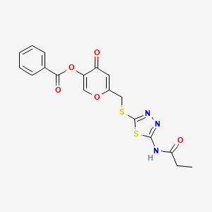 molecular formula C18H15N3O5S2 B2682592 4-氧代-6-(((5-丙酰胺基-1,3,4-噻二唑-2-基)硫)甲基)-4H-吡喃-3-基苯甲酸酯 CAS No. 896017-24-6