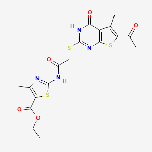 molecular formula C18H18N4O5S3 B2682596 Ethyl 2-(2-((6-acetyl-5-methyl-4-oxo-3,4-dihydrothieno[2,3-d]pyrimidin-2-yl)thio)acetamido)-4-methylthiazole-5-carboxylate CAS No. 881446-12-4