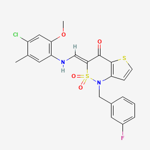 molecular formula C22H18ClFN2O4S2 B2682603 (Z)-3-(((4-chloro-2-methoxy-5-methylphenyl)amino)methylene)-1-(3-fluorobenzyl)-1H-thieno[3,2-c][1,2]thiazin-4(3H)-one 2,2-dioxide CAS No. 894688-82-5