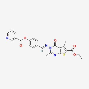 (E)-ethyl 2,5-dimethyl-3-((4-(nicotinoyloxy)benzylidene)amino)-4-oxo-3,4-dihydrothieno[2,3-d]pyrimidine-6-carboxylate