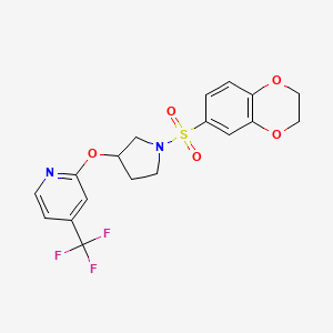 molecular formula C18H17F3N2O5S B2682797 2-((1-((2,3-Dihydrobenzo[b][1,4]dioxin-6-yl)sulfonyl)pyrrolidin-3-yl)oxy)-4-(trifluoromethyl)pyridine CAS No. 2034299-78-8