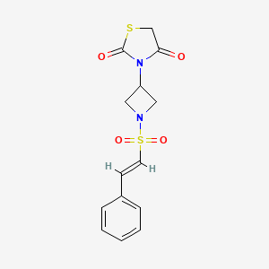 molecular formula C14H14N2O4S2 B2682800 (E)-3-(1-(苯乙烯磺酰基)吲哚-3-基)噻唑啉-2,4-二酮 CAS No. 1799266-26-4