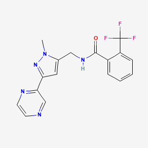 molecular formula C17H14F3N5O B2682838 N-((1-methyl-3-(pyrazin-2-yl)-1H-pyrazol-5-yl)methyl)-2-(trifluoromethyl)benzamide CAS No. 2034456-54-5