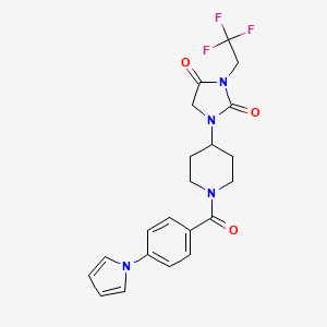 molecular formula C21H21F3N4O3 B2682879 1-{1-[4-(1H-pyrrol-1-yl)benzoyl]piperidin-4-yl}-3-(2,2,2-trifluoroethyl)imidazolidine-2,4-dione CAS No. 2097892-45-8