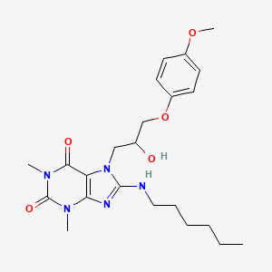 molecular formula C23H33N5O5 B2682925 8-(hexylamino)-7-(2-hydroxy-3-(4-methoxyphenoxy)propyl)-1,3-dimethyl-1H-purine-2,6(3H,7H)-dione CAS No. 505080-71-7